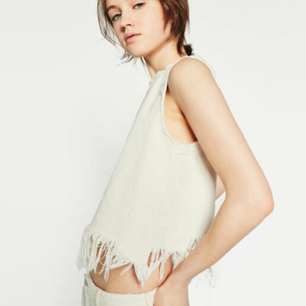Zara White Frayed Distressed Denim Top in Ivory